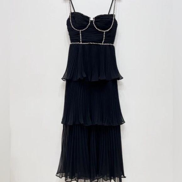 Self Portrait Diamonte Tiered Chiffon MIDI Dress in Black